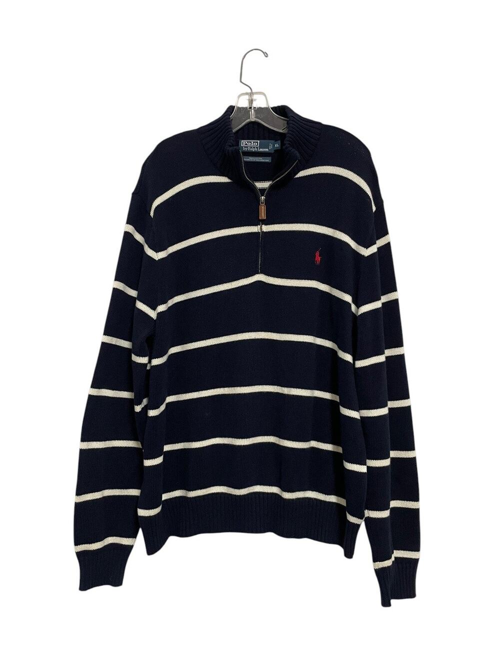 VTG Polo Ralph Lauren Black White Striped Sweater 1/4 Zip Mens XL